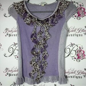 Arte shirt purple cheetah print beaded embroidery ruffle frills stretchy y2k